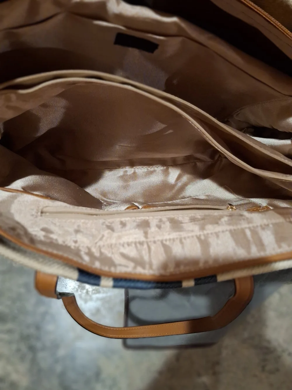 Cream Canvas Satchel with Navy Center Stripe and Tan Handles